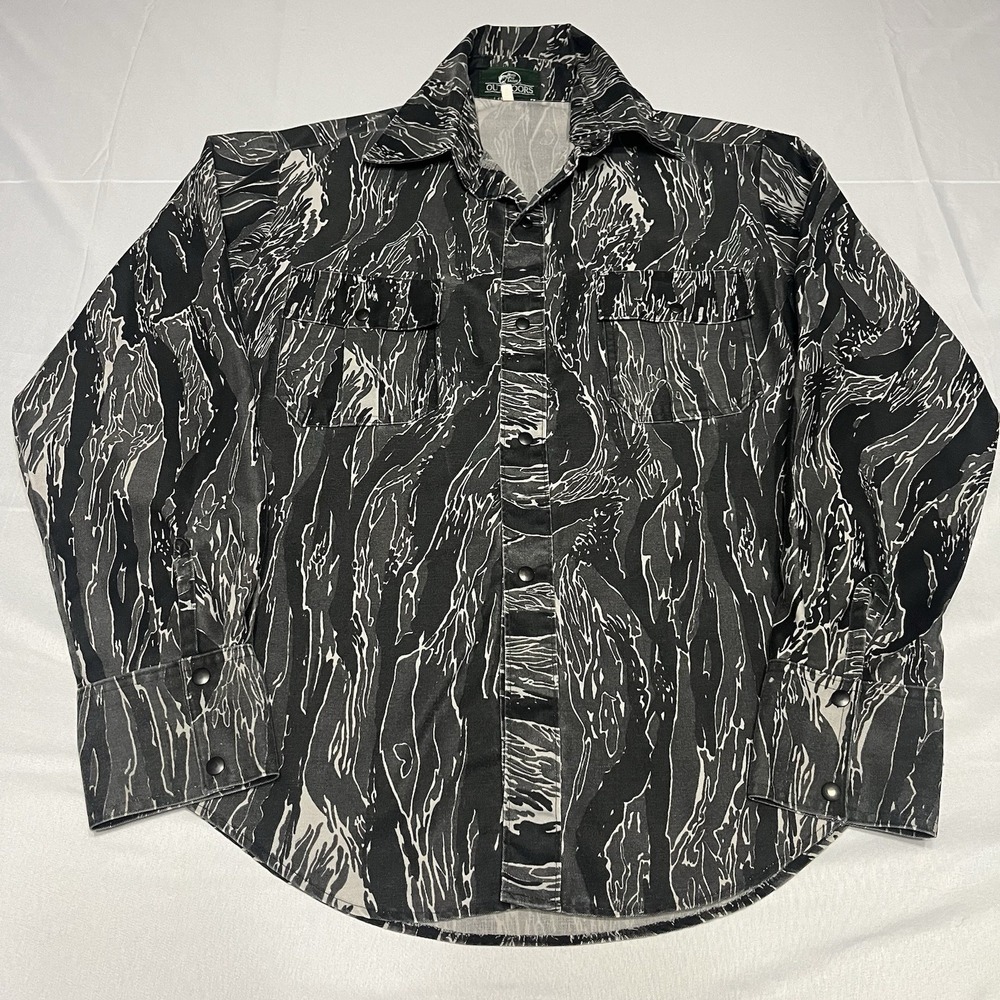 Vintage Bass Pro Shops Shirt Mens Large Arctic Tiger Camo Snap Canvas Hunting